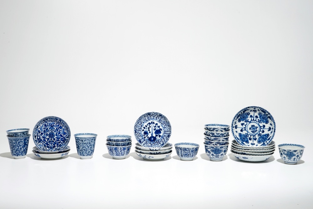 Thirteen Chinese blue and white cups and saucers, Kangxi and later