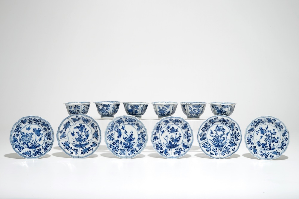 Six Chinese blue and white cups and saucers with floral design, Kangxi