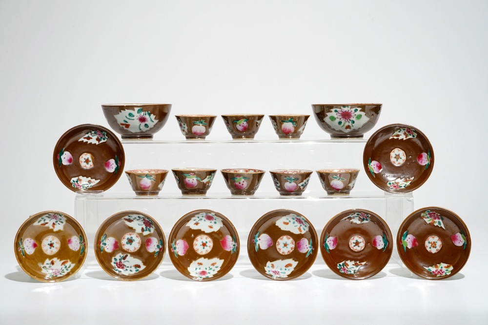 Two Chinese famille rose capucin-ground bowls and eight cups and saucers, Qianlong