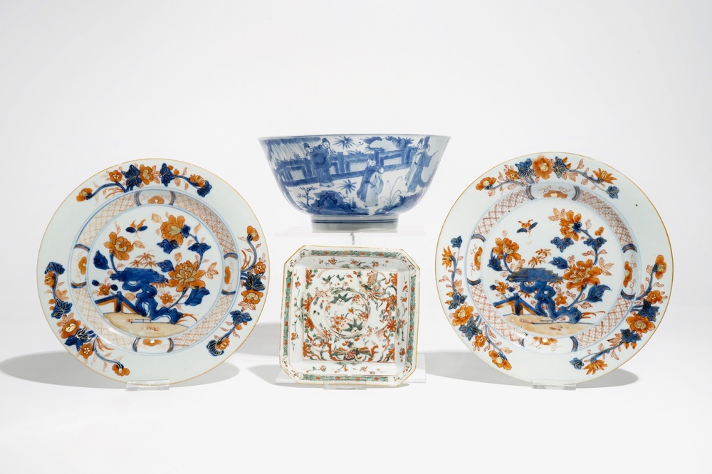 A Chinese blue and white bowl and a famille verte tray, Kangxi, and a pair of Imari style plates, Qianlong