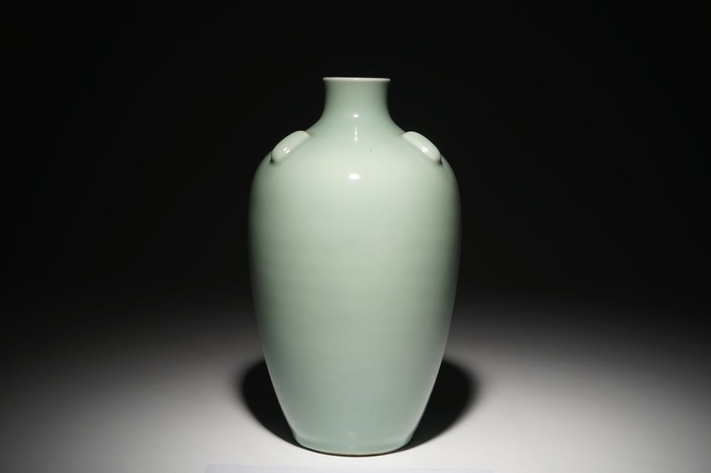 A Chinese monochrome celadon vase, Qianlong mark, 19/20th C.