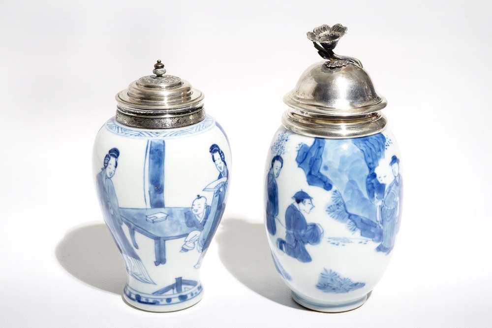 Two Chinese blue and white silver-mounted tea caddies, Kangxi