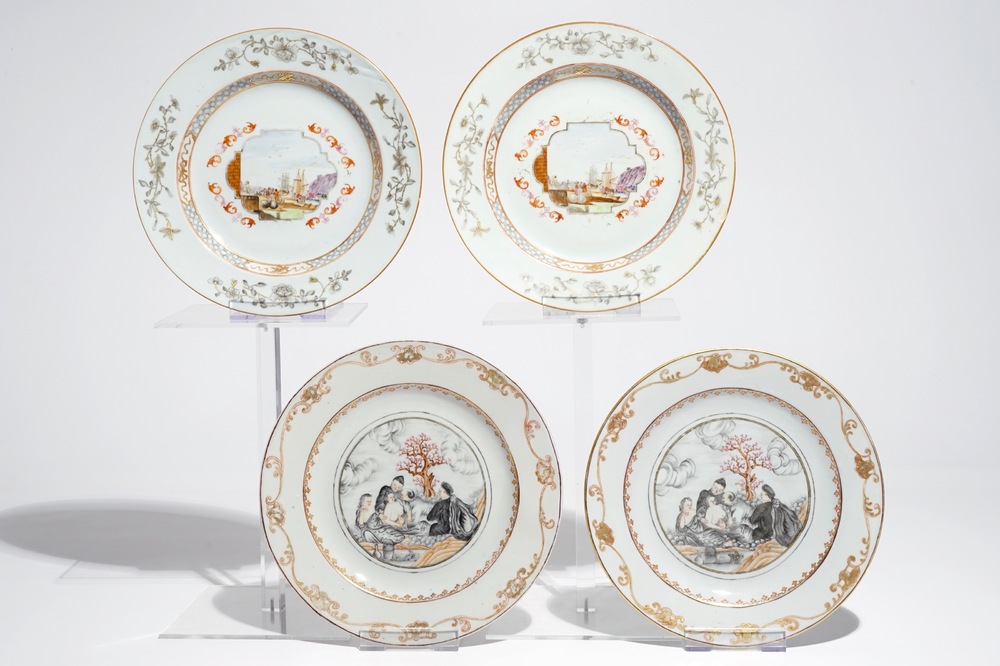 A pair of Chinese grisaille plates with erotical subject and a pair of Meissen style plates, Qianlong