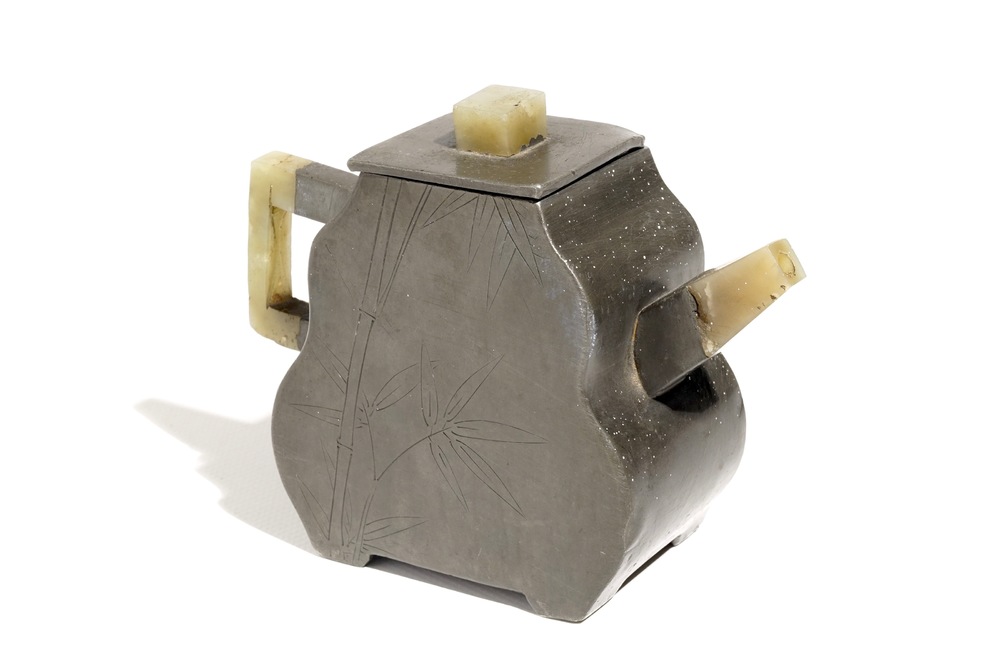 A Chinese inscribed pewter-encased Yixing stoneware teapot with jade, 19/20th C.