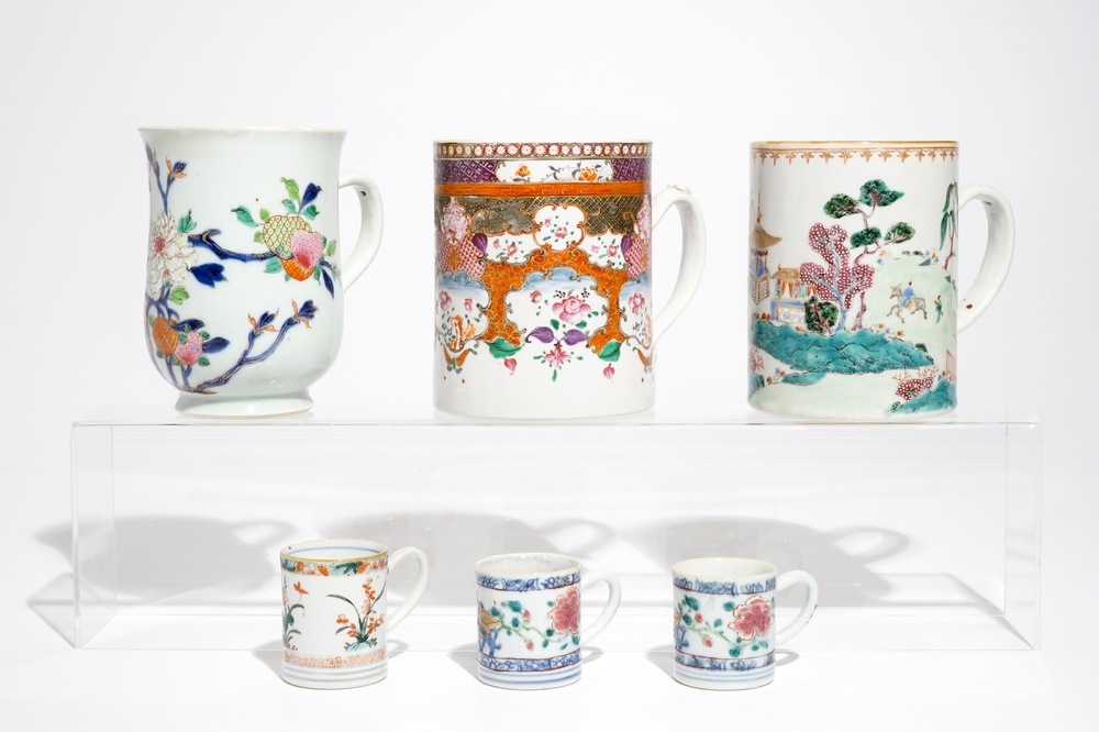 Six Chinese famille rose and famille verte mugs, Kangxi/Qianlong