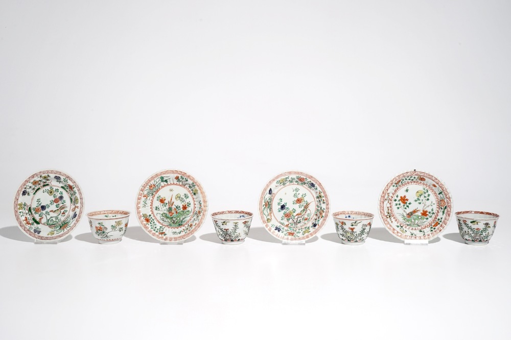 Four Chinese famille verte cups and saucers, Kangxi