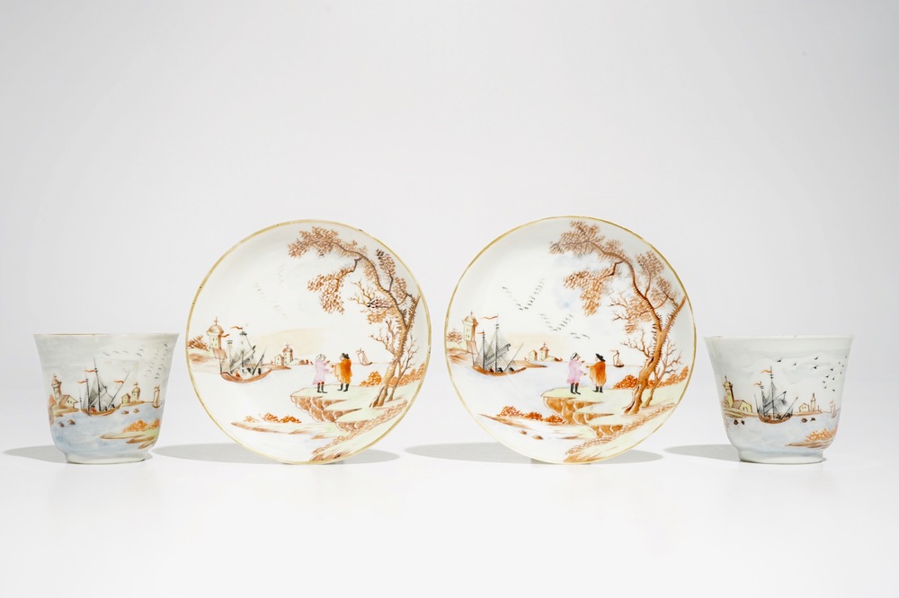 A pair of Chinese Meissen style cups and saucers with a harbour scene, Qianlong