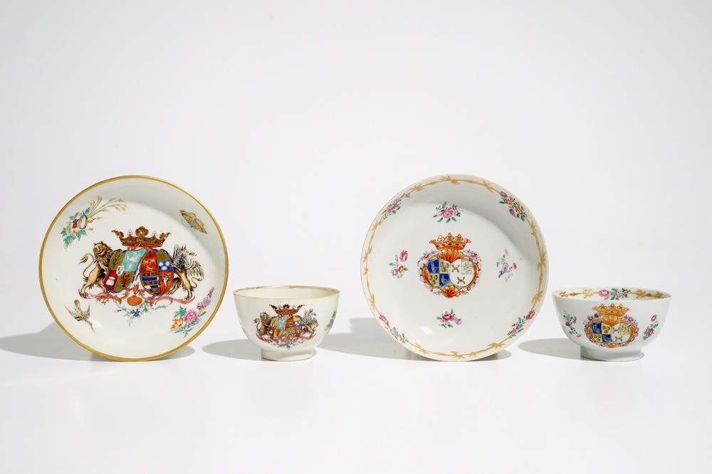 Two Chinese famille rose Dutch market armorial cups and saucers, Qianlong