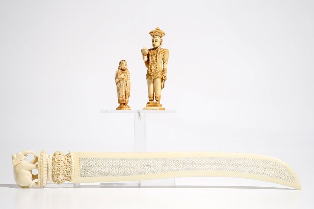 Two carved ivory figures and a reticulated knife, India and/or Nepal, 19/20th C.