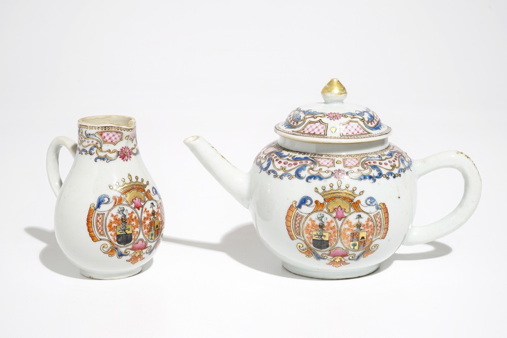 A Chinese famille rose armorial teapot and milk jug, Qianlong