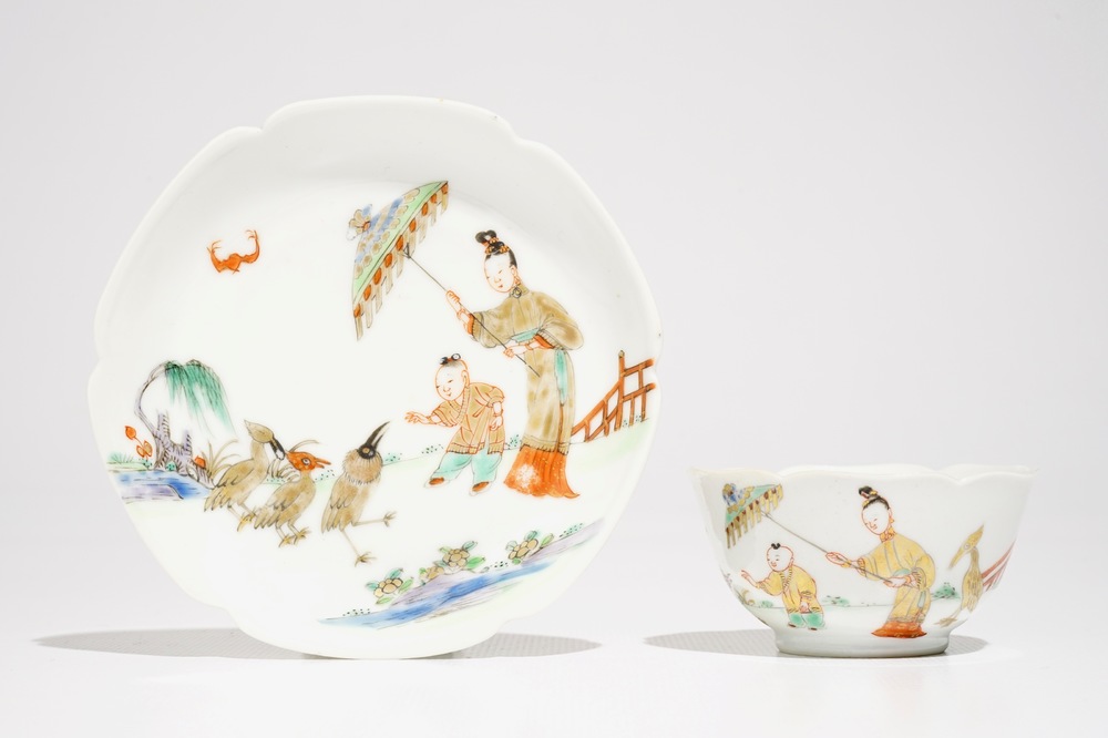 A Chinese Pronk style cup and saucer, Qianlong, ca. 1740