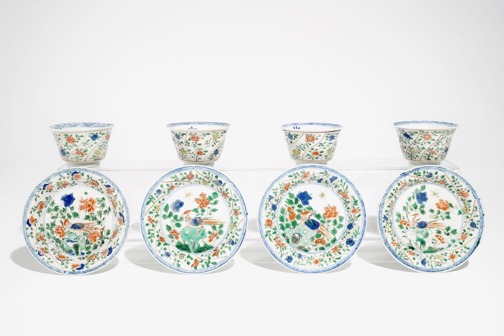 Four Chinese famille verte cups and saucers with pheasants and flowers, Kangxi