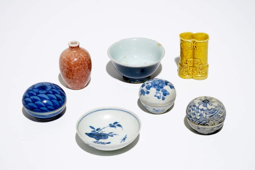 Three small Chinese blue and white boxes, two bowls and two small monochrome vases, Ming and later