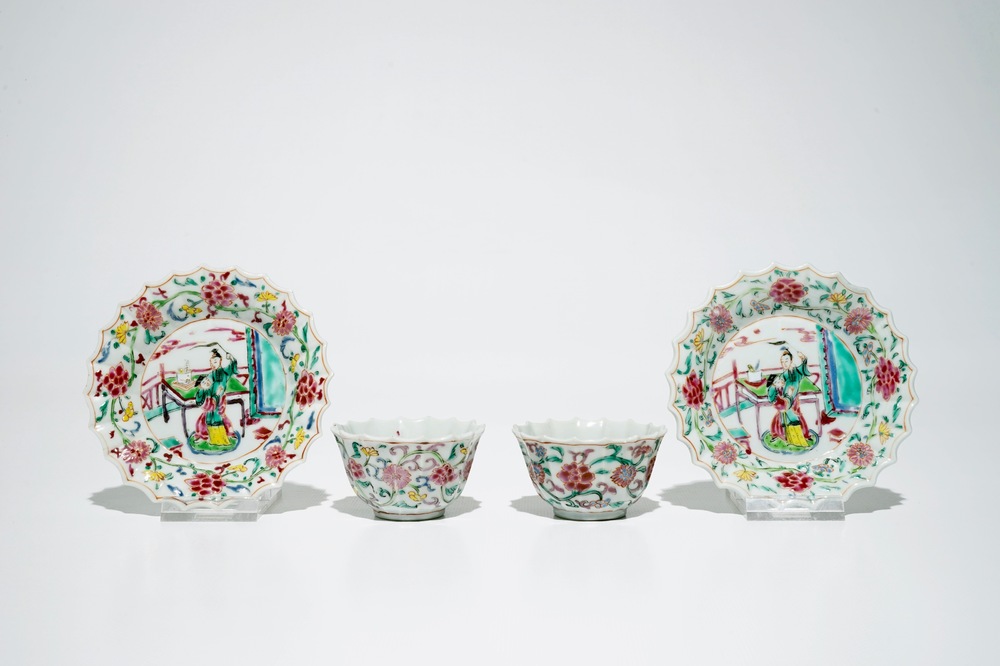 A pair of Chinese lobed famille rose cups and saucers, Yongzheng