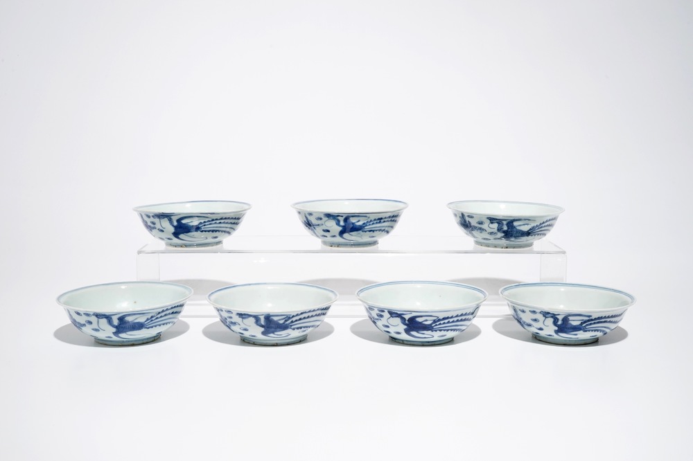 Seven Chinese blue and white phoenix bowls, Ming