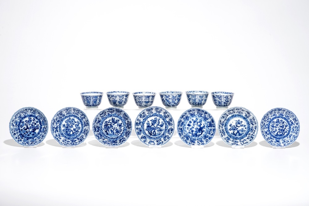 Six Chinese blue and white cups and saucers, Kangxi