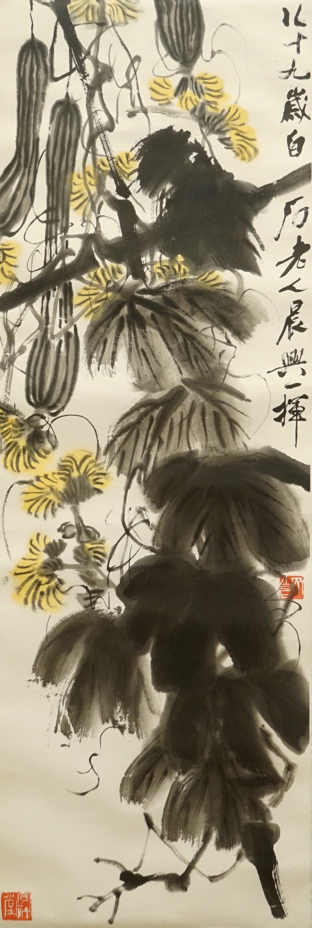 Qi Baishi (1864-1957), Lange meloenen en hun bladeren, inkt en kleur op papier