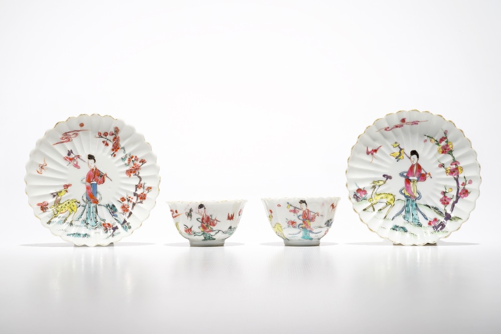 A pair of Chinese lobed famille rose cups and saucers with Magu, Yongzheng