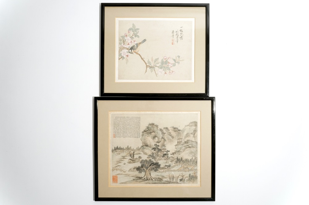 Deux peintures figurant un paysage et un oiseau sur branche, Chine, 18/19&egrave;me