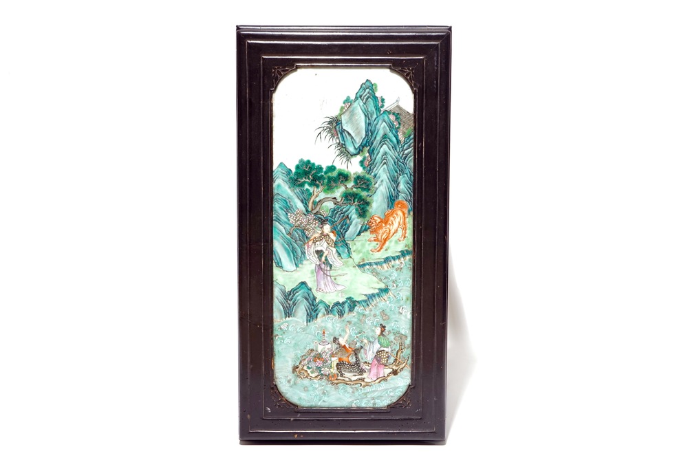 A Chinese famille rose plaque mounted as a table inset, 19th C