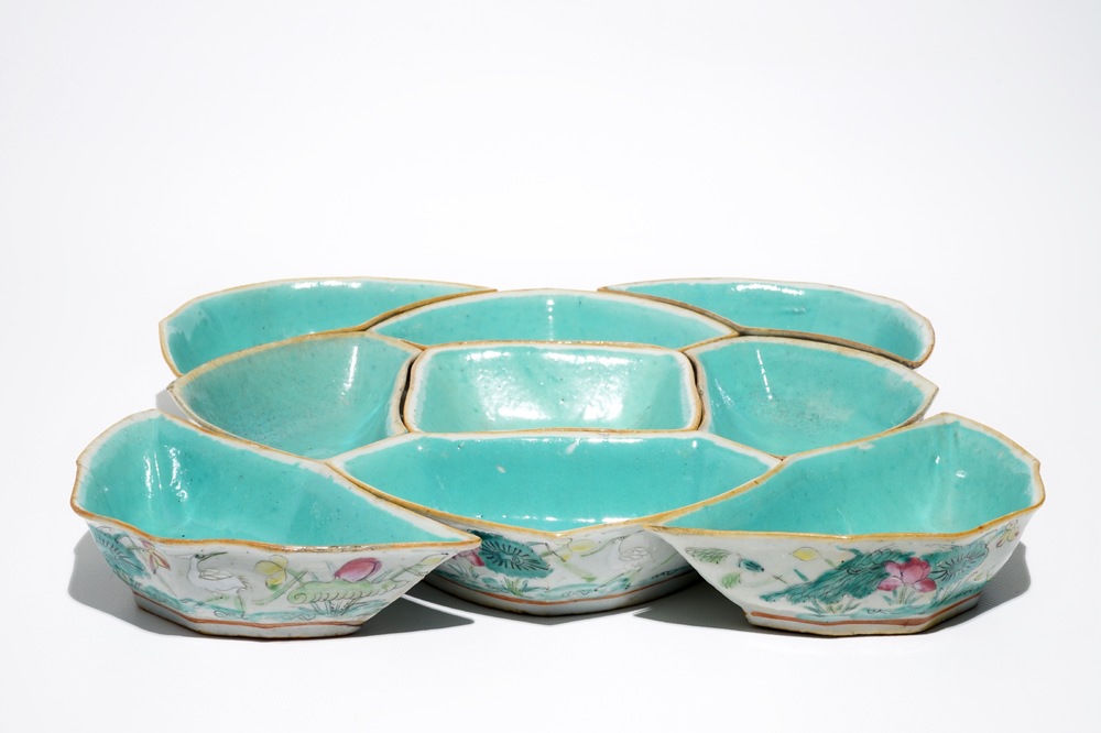 A Chinese famille rose sweetmeat or rice table set with lotus pond design, 19th C.