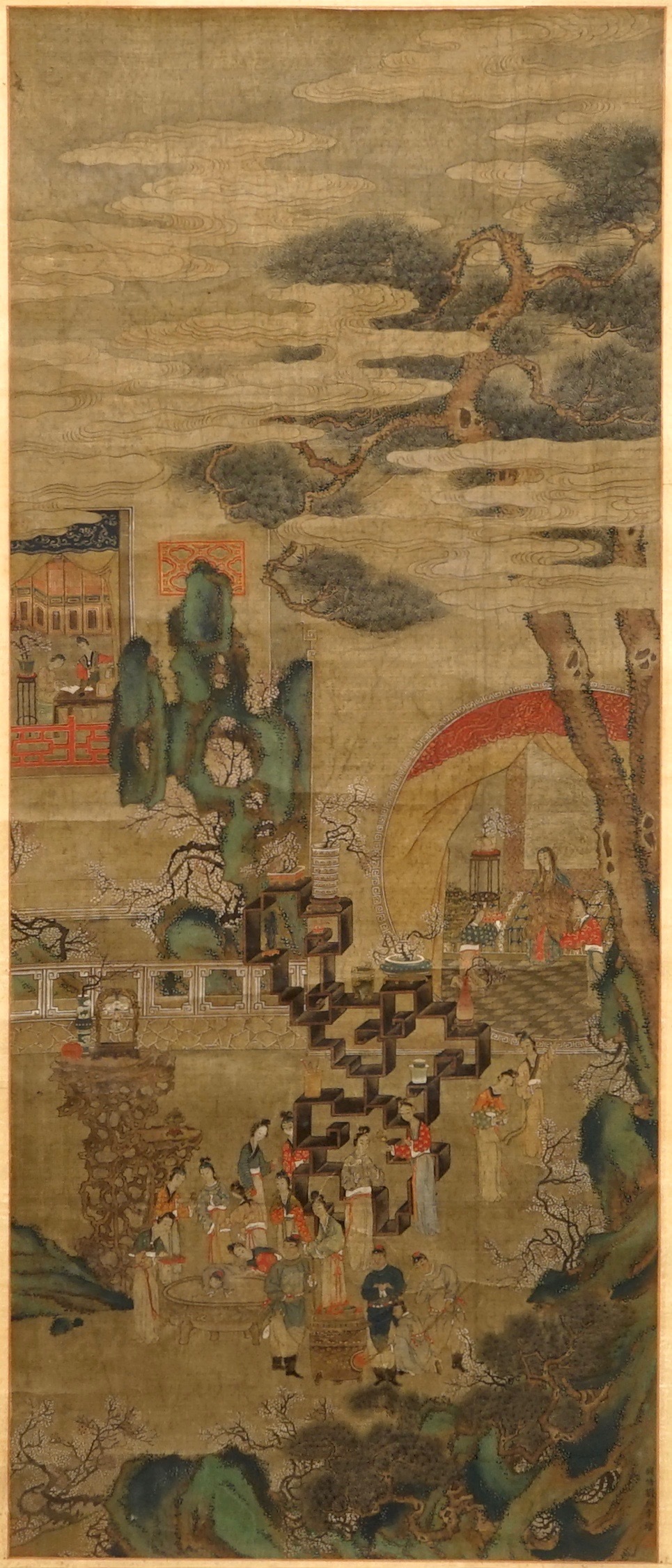 A Chinese silk scroll painting of a garden scene, signed, 18/19th C.