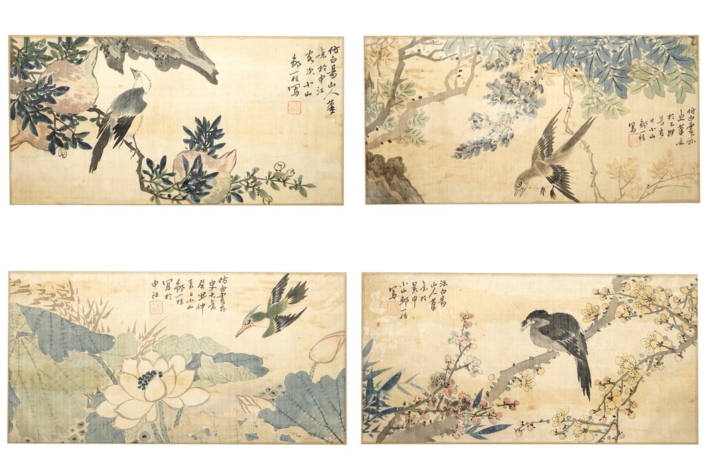 Een set van vier Chinese aquarellen van vogels bij bloesemtakken en kalligrafie, in kader, 19e eeuw