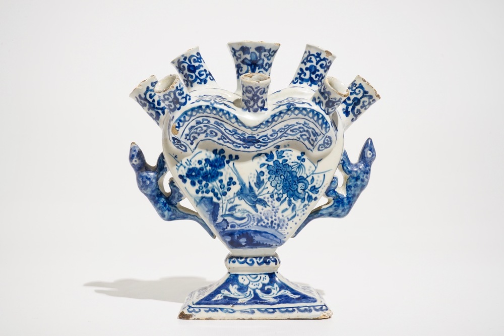 A Dutch Delft blue and white heart-shaped tulip vase, 1st half 18th C.