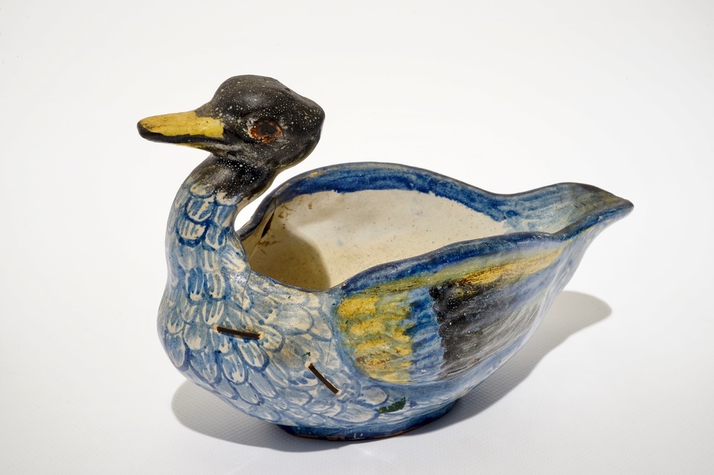 A polychrome duck-shaped sauce boat, Northern France, 18th C.