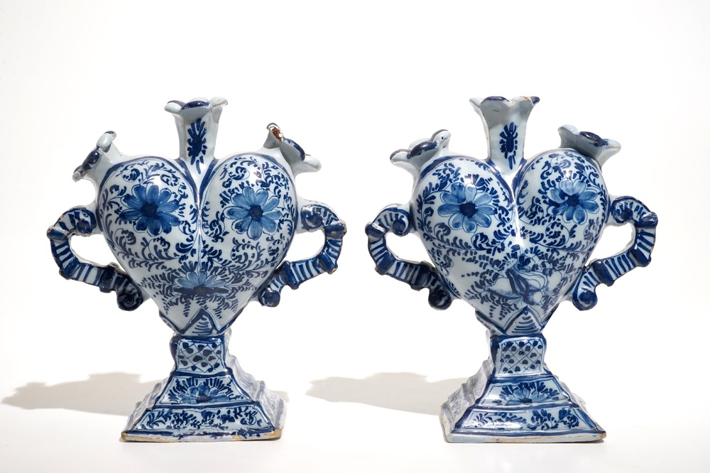 A pair of Delft style blue and white heart-shaped tulip vases, Nurnberg, Germany, 18th C.