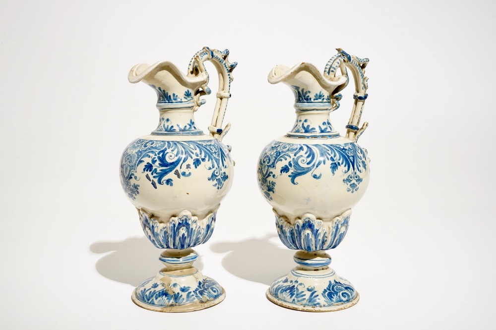 A pair of blue and white French faience ewers, Moustiers, 18th C.