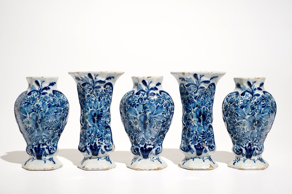 A small Dutch Delft blue and white five-piece garniture, 18th C.