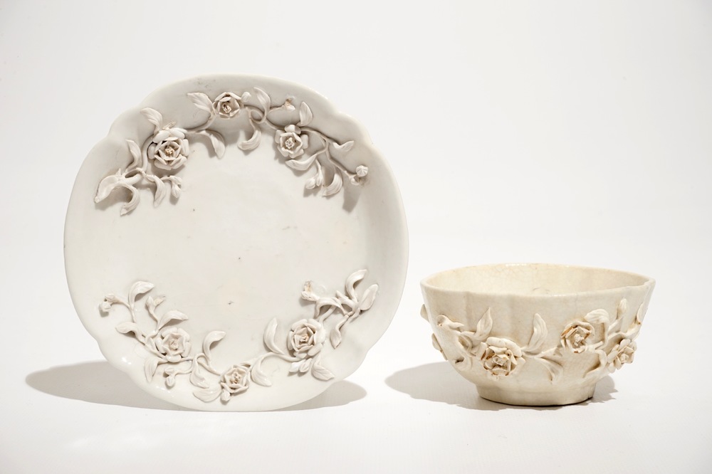 A Doccia porcelain cup and saucer with applied floral design, Italy, 18th C.