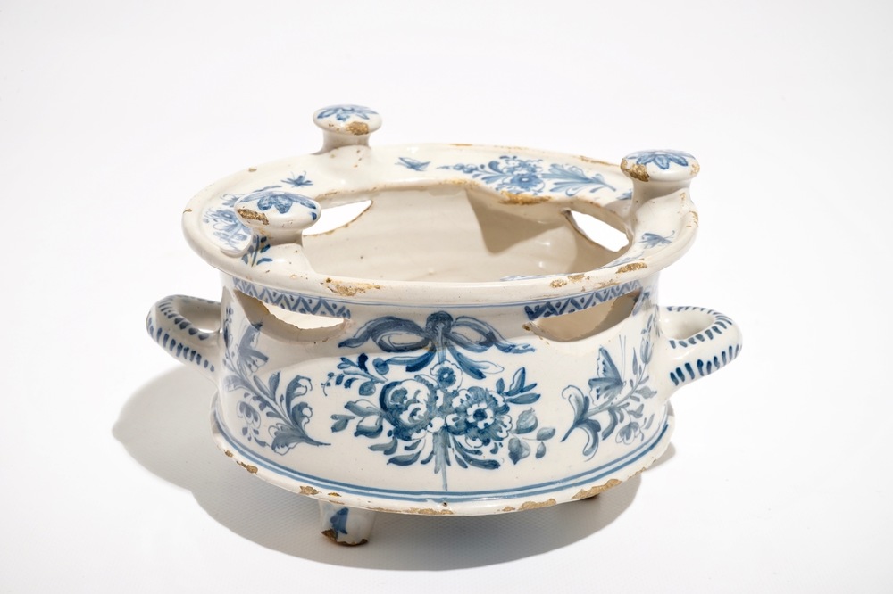 A blue and white Dutch Delft style Frisian warmer or chafing dish, dated 1783