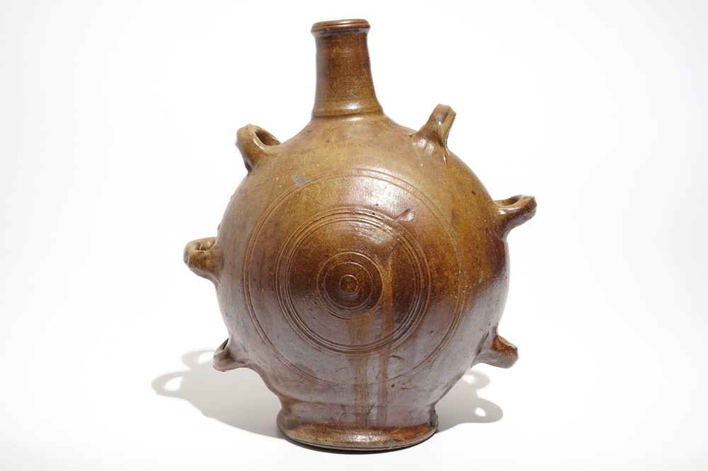 A large stoneware pilgrim's flask, Raeren, 17th C.