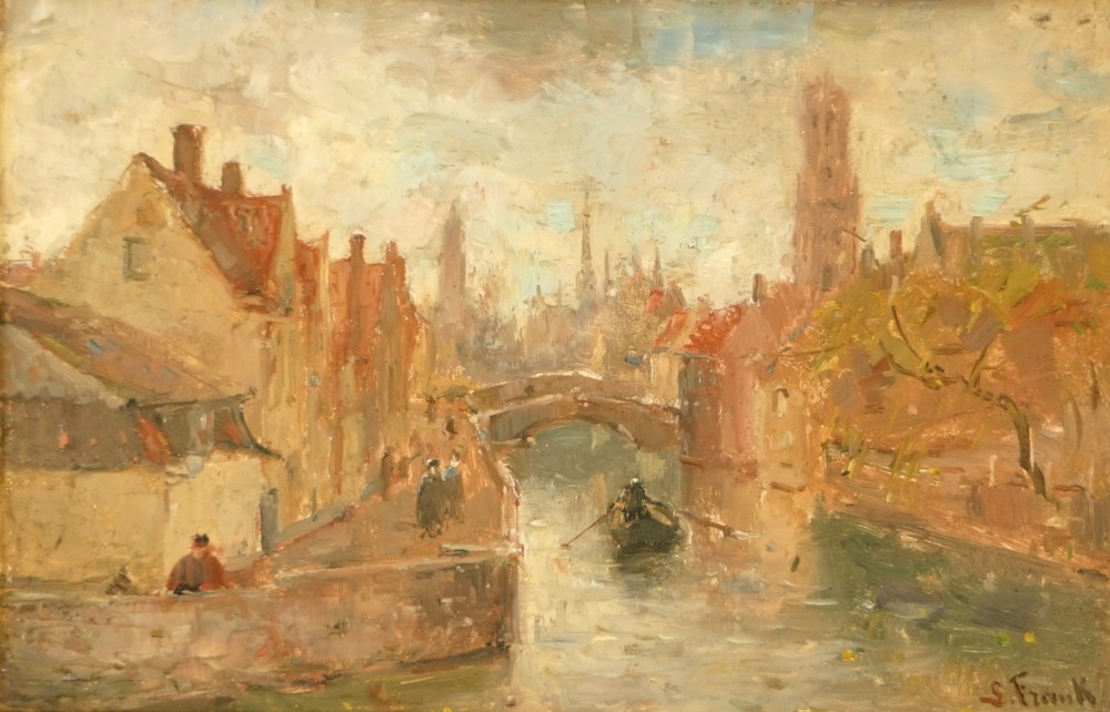 Frank, Lucien (Belgi&euml;, 1857-1920), Zicht op de Groenerei in Brugge, olie op paneel
