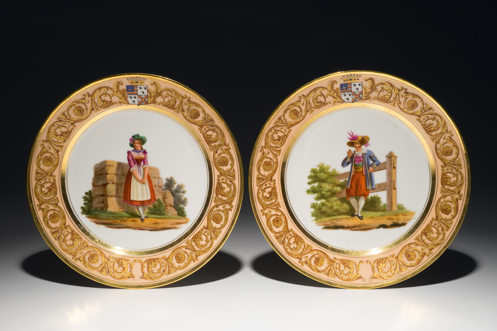Two armorial French porcelain plates with Tirolean peasants, Edouard Honor&eacute;, Paris, 1st half 19th C.