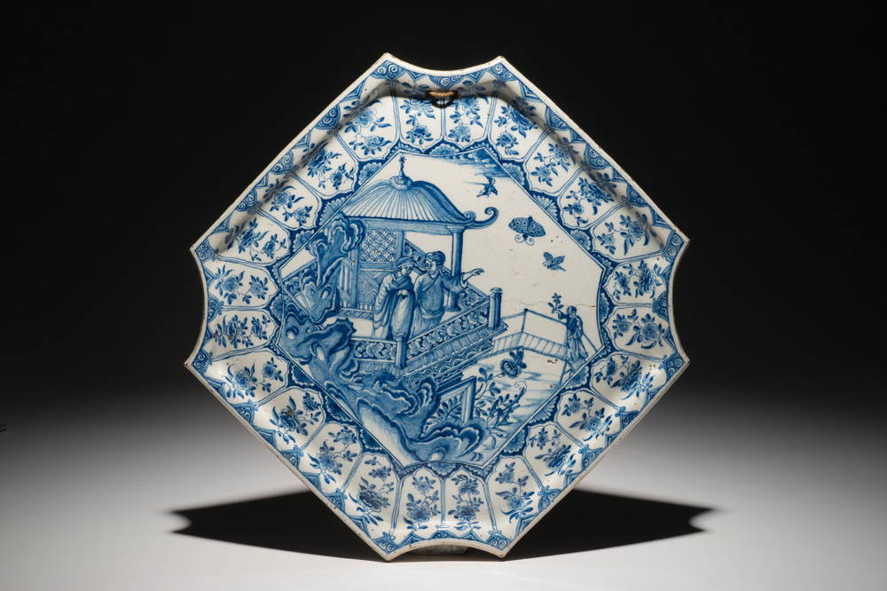 A Dutch Delft blue and white chinoiserie plaque, dated 1723