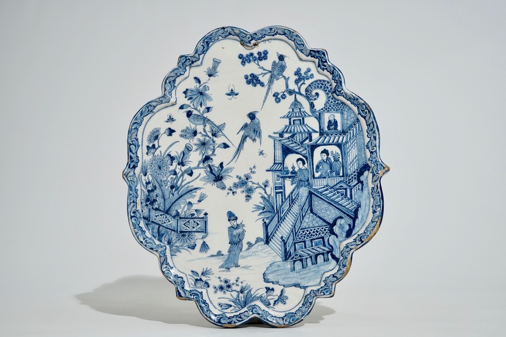 A Dutch Delft blue and white chinoiserie pagoda plaque, early 18th C.