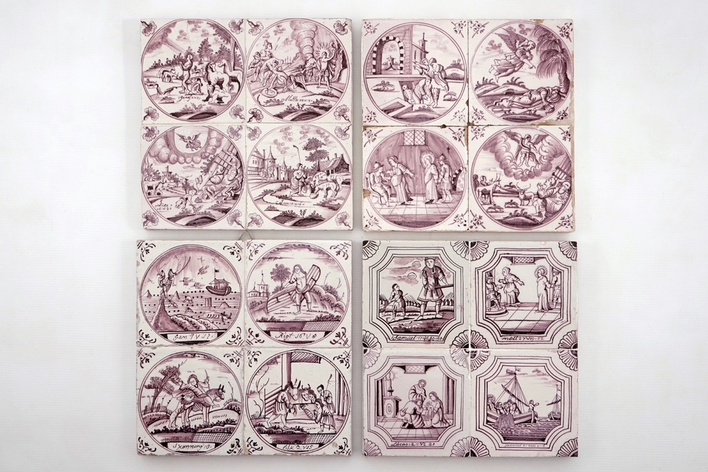 Four panels of 4 manganese Dutch Delft biblical tiles, 18/19th C.