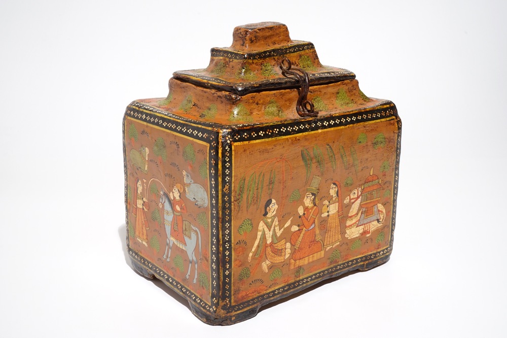 A polychrome painted papier mache storage box and cover, prob. India, 19th C.