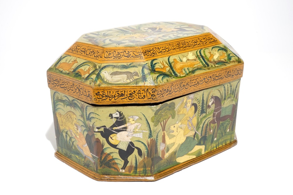 A fine painted papier mache box and cover with hunting scenes, Qajar, Iran, 19th C.