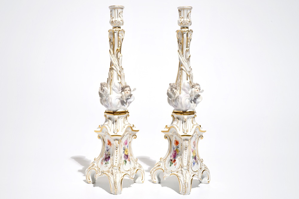 A pair of Meissen porcelain candlesticks, Germany, 19th C.