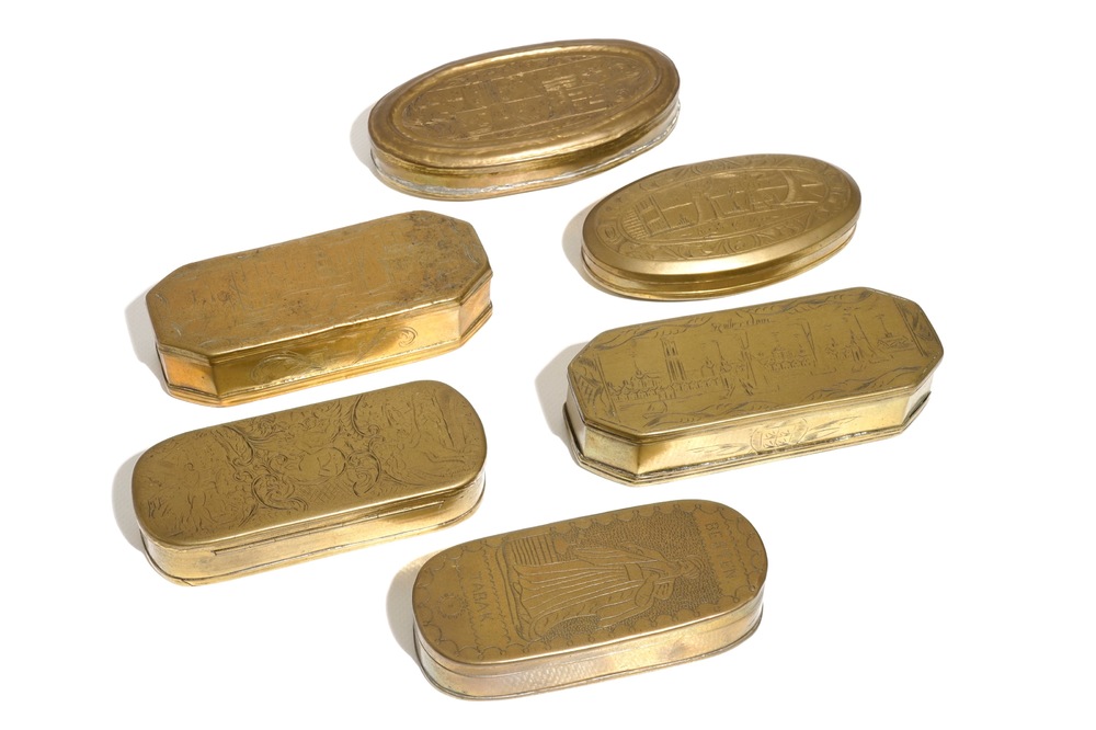 Six Dutch engraved brass tobacco boxes, 18th C.