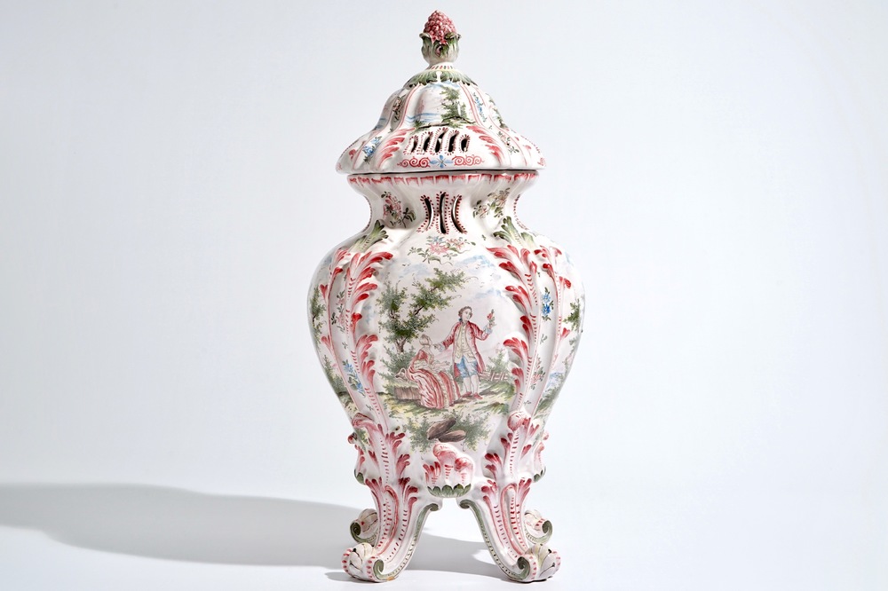 A large French faience reticulated pot pourri vase and cover in the style of Marseille, 19th C.