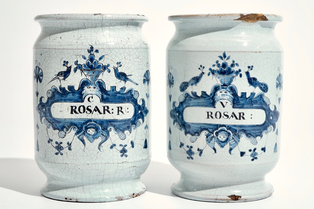 A pair of Brussels faience albarello drug jars, 18th C.