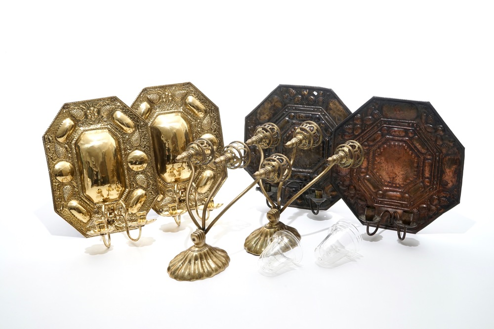 Three pairs of brass and bronze wall sconces, 18th C.