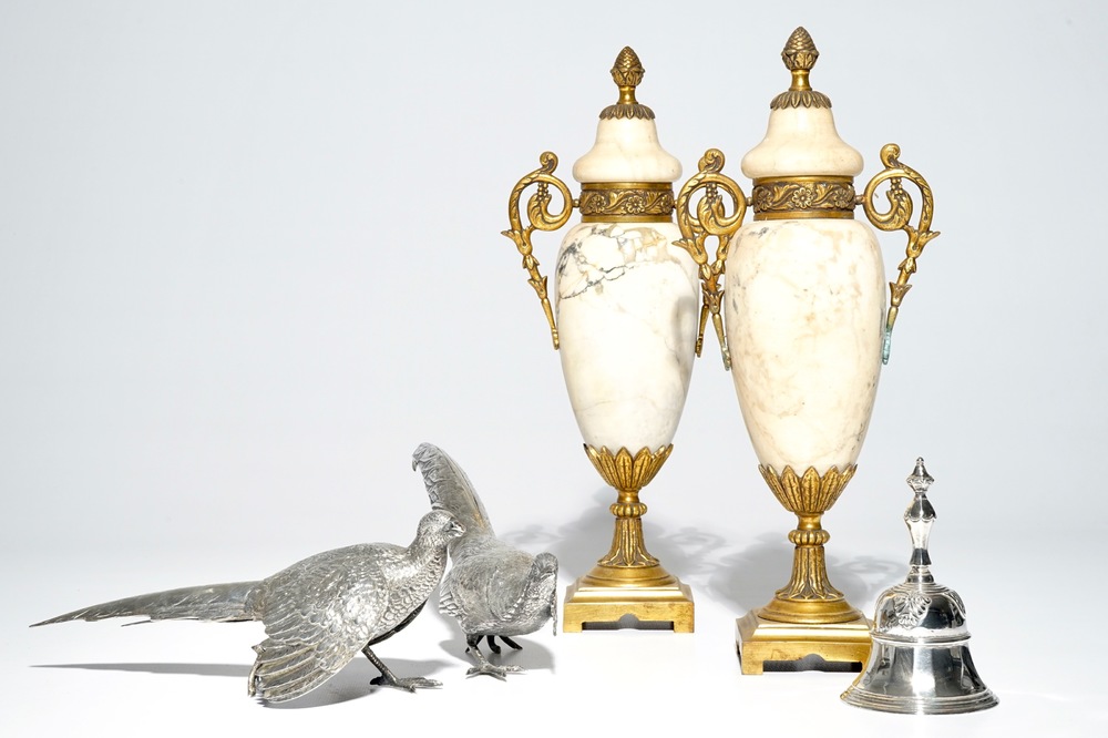 Two silver pheasants, a table bell and a pair of marble urns and covers, 19/20th C.