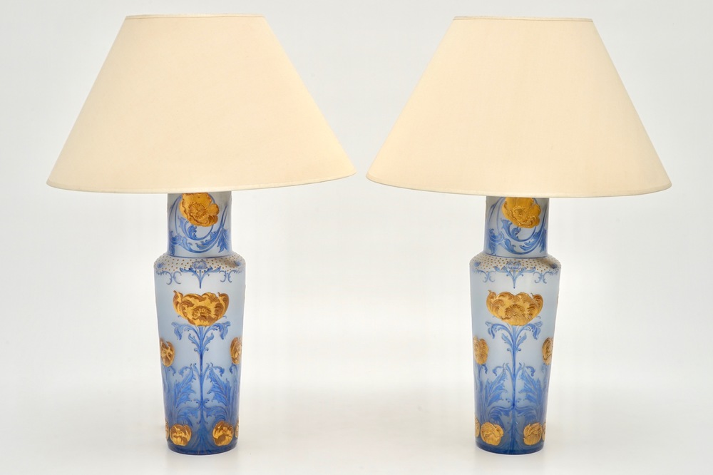 A pair of Art Nouveau glass paste vases mounted as lamps, prob. France, 19/20th C.