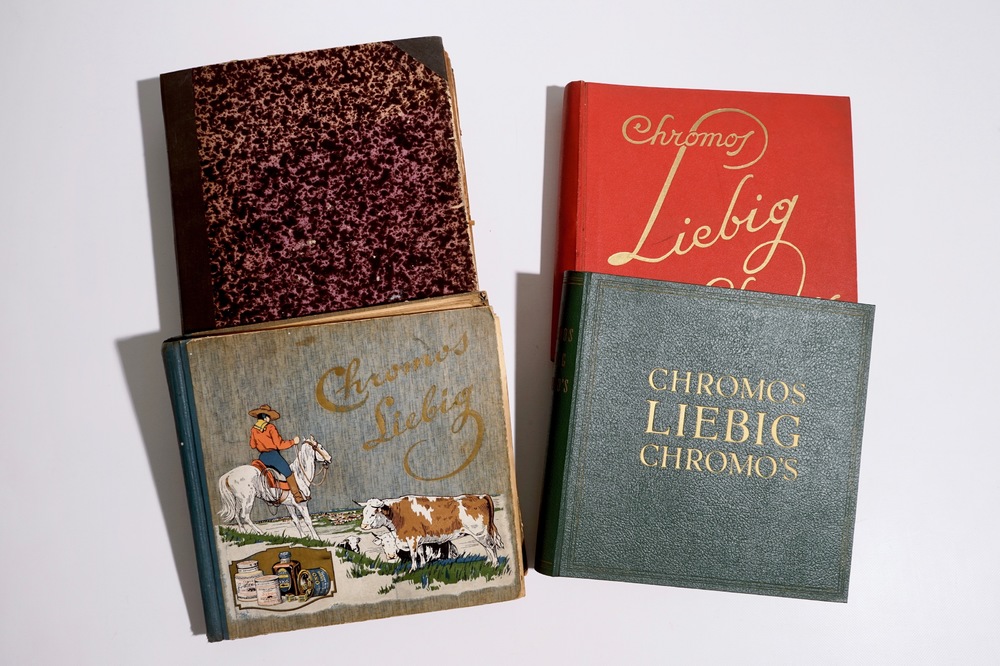 A collection of chromolithography advertising trade cards in 4 albums, mostly Liebig, 19/20th C.